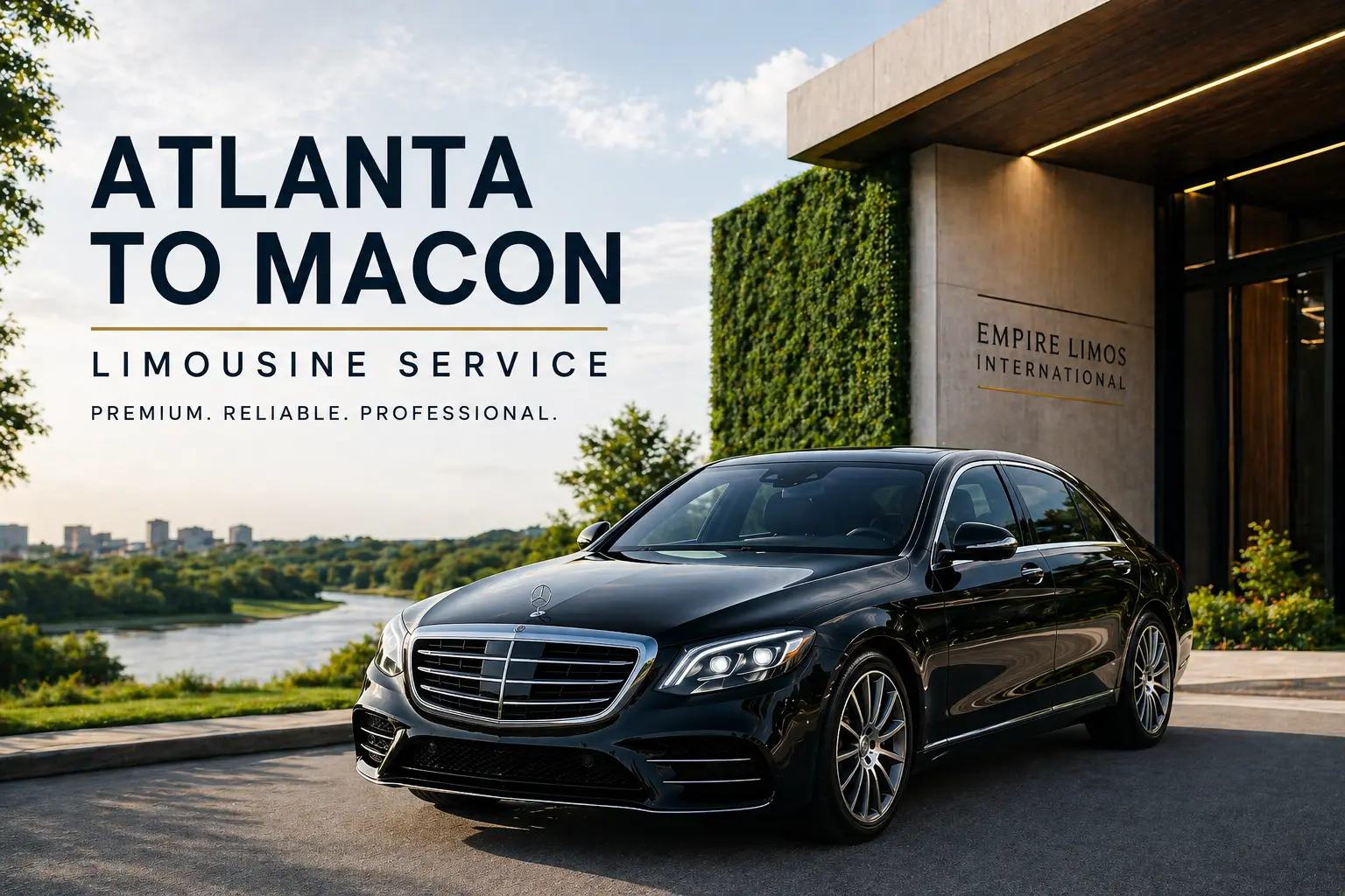 Black executive luxury sedan parked at a premium private entrance representing Atlanta to Macon limousine service in Georgia