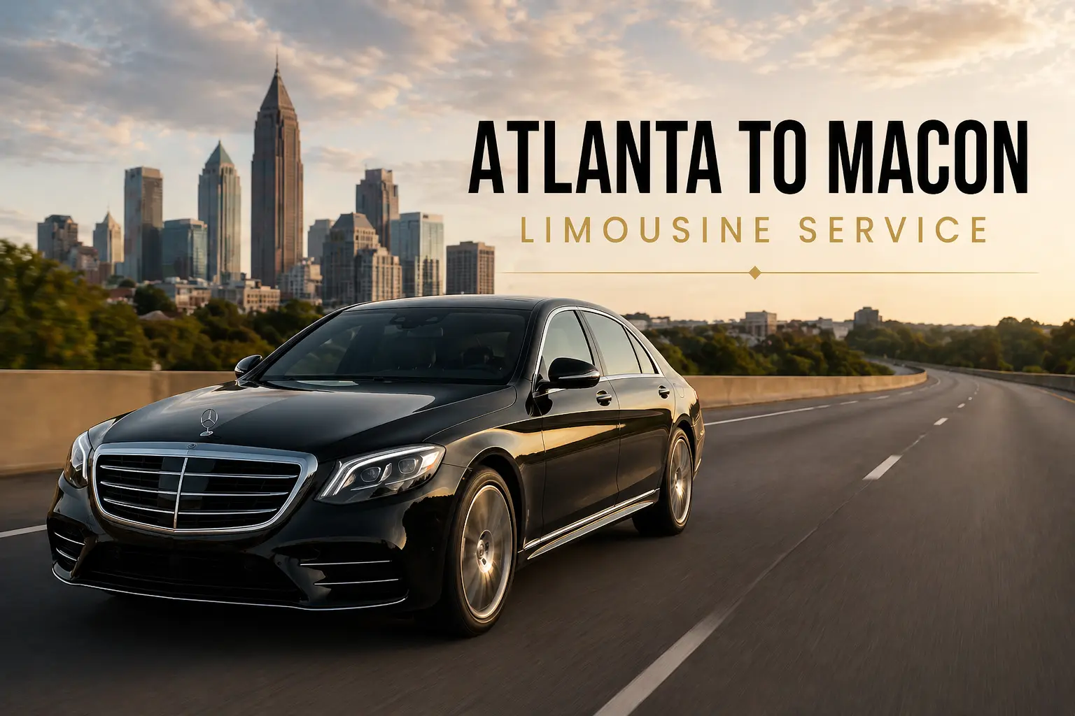 Black executive sedan providing private chauffeur transportation from Atlanta to Macon Georgia on a premium city-to-city route