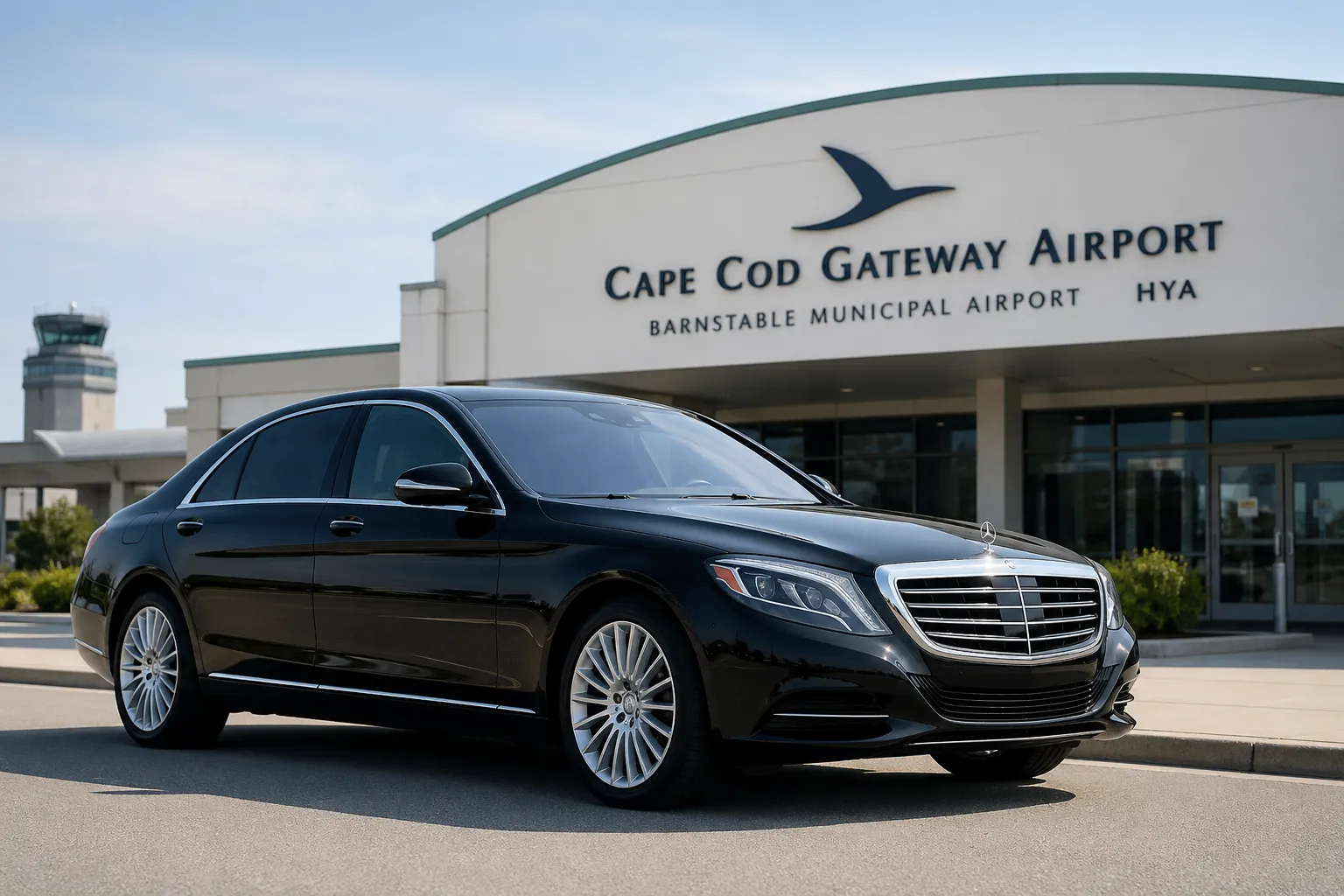 Luxury black executive sedan parked at Barnstable Municipal Airport (Cape Cod Gateway Airport – HYA) for premium airport limousine service