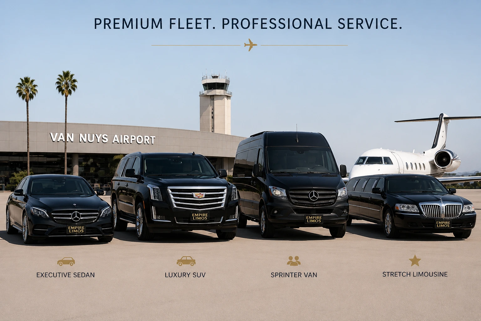 Luxury chauffeur fleet by Empire Limos featuring executive sedan, Cadillac Escalade SUV, Sprinter van, and stretch limousine at Van Nuys Airport