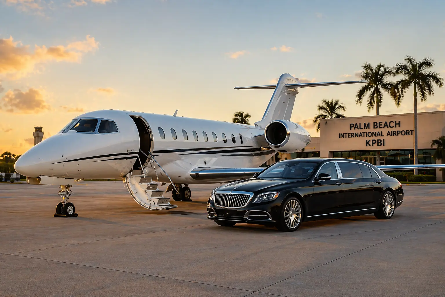 Private jet and luxury limousine at Palm Beach International Airport KPBI FBO terminal with chauffeur service