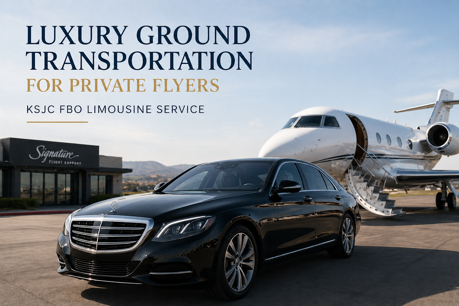 Luxury black executive sedan parked beside a private jet at San José Mineta International Airport for private aviation chauffeur service and executive airport transportation.