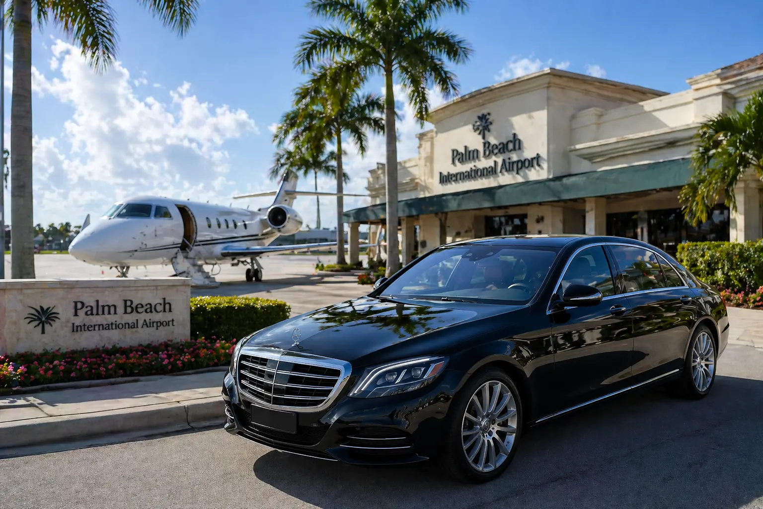 Luxury chauffeur limousine at Palm Beach International Airport KPBI with private jet transfer service