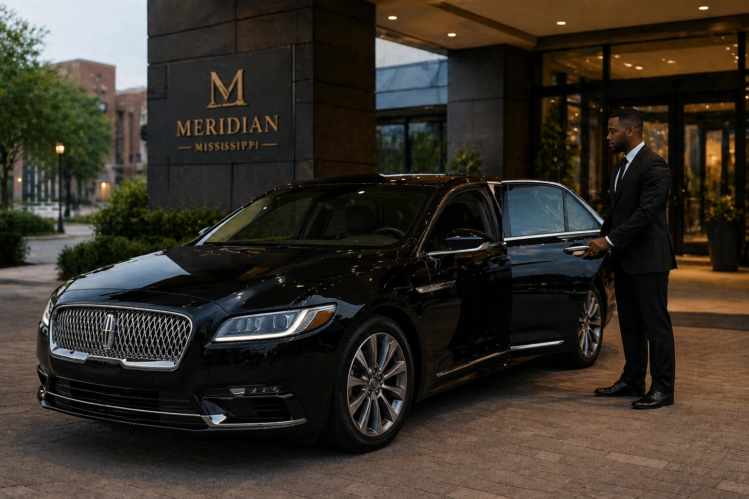Luxury black executive sedan with professional chauffeur providing premium private transportation in Meridian, Mississippi