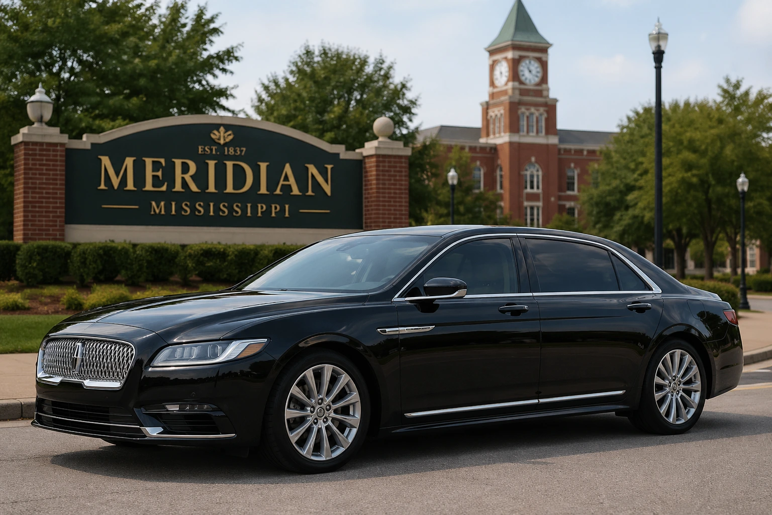 Luxury black executive limousine with professional chauffeur in Meridian, Mississippi for premium airport and private transportation