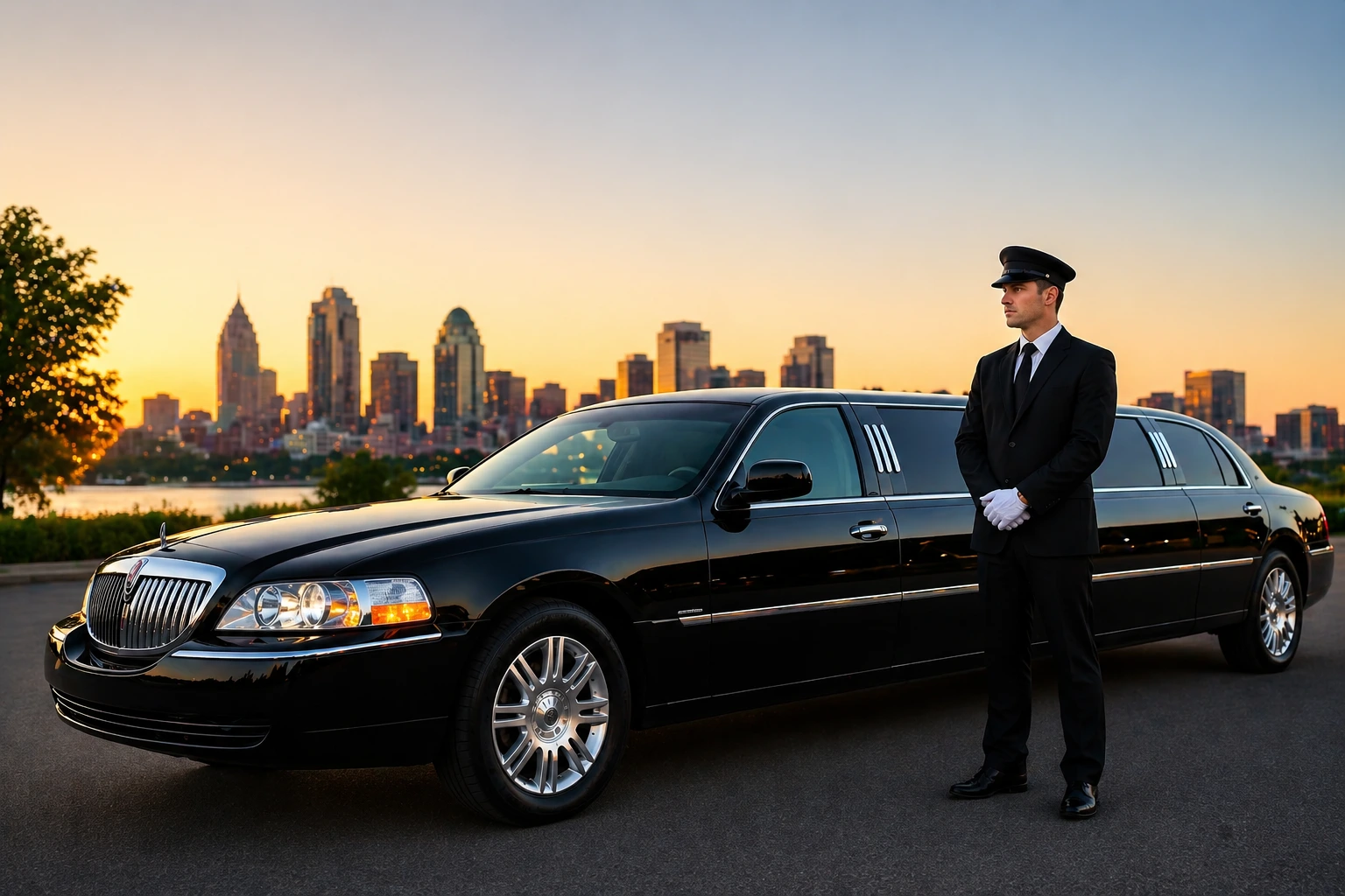 Black stretch limousine with professional chauffeur for premium limousine service in Missouri