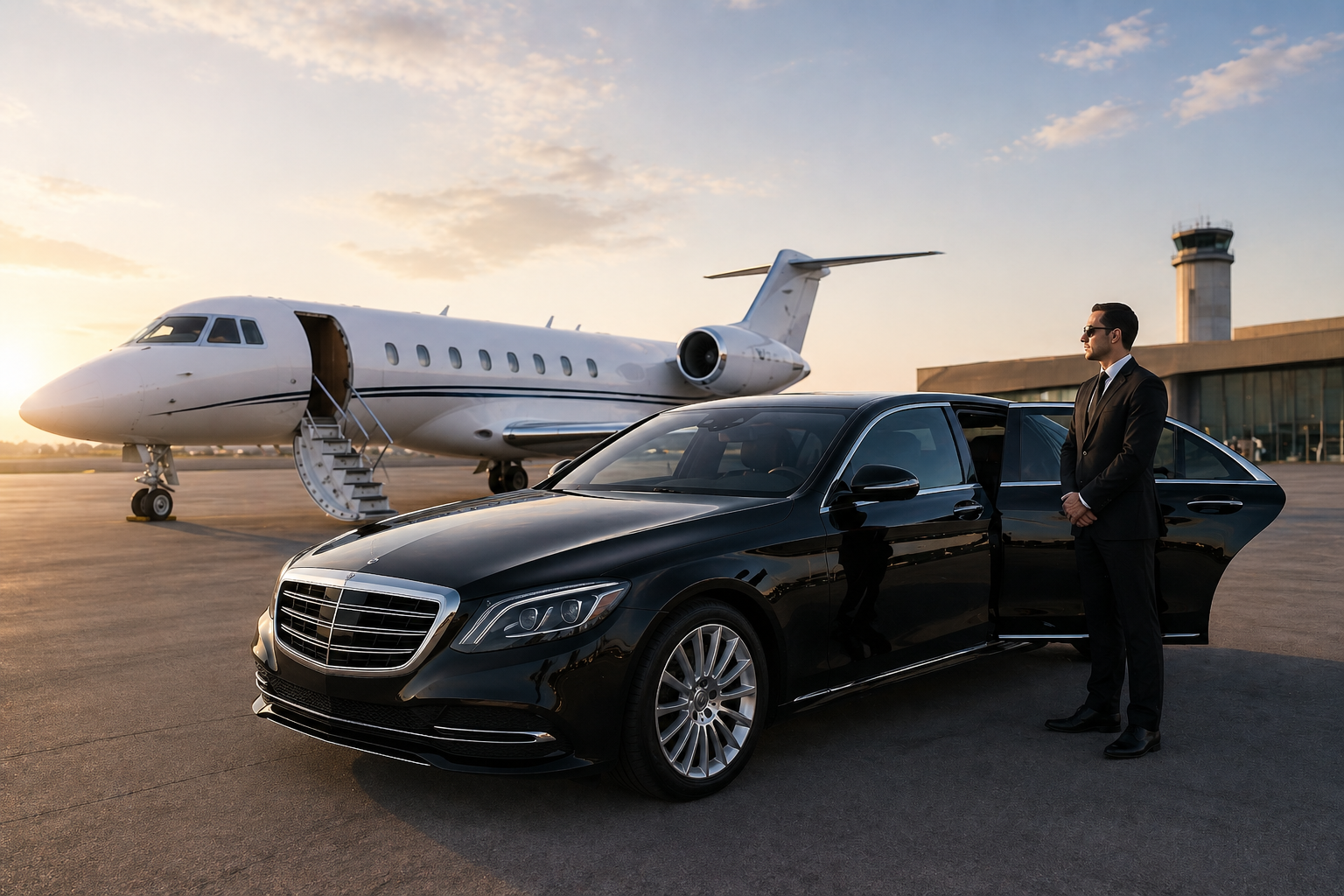 Luxury black sedan with professional chauffeur beside a private jet at Miami-Opa Locka Executive Airport for executive airport limousine service.