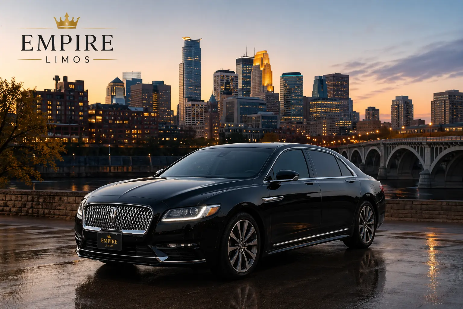 Black luxury limousine parked in front of the Minneapolis skyline at sunset representing premium chauffeur service in Minnesota