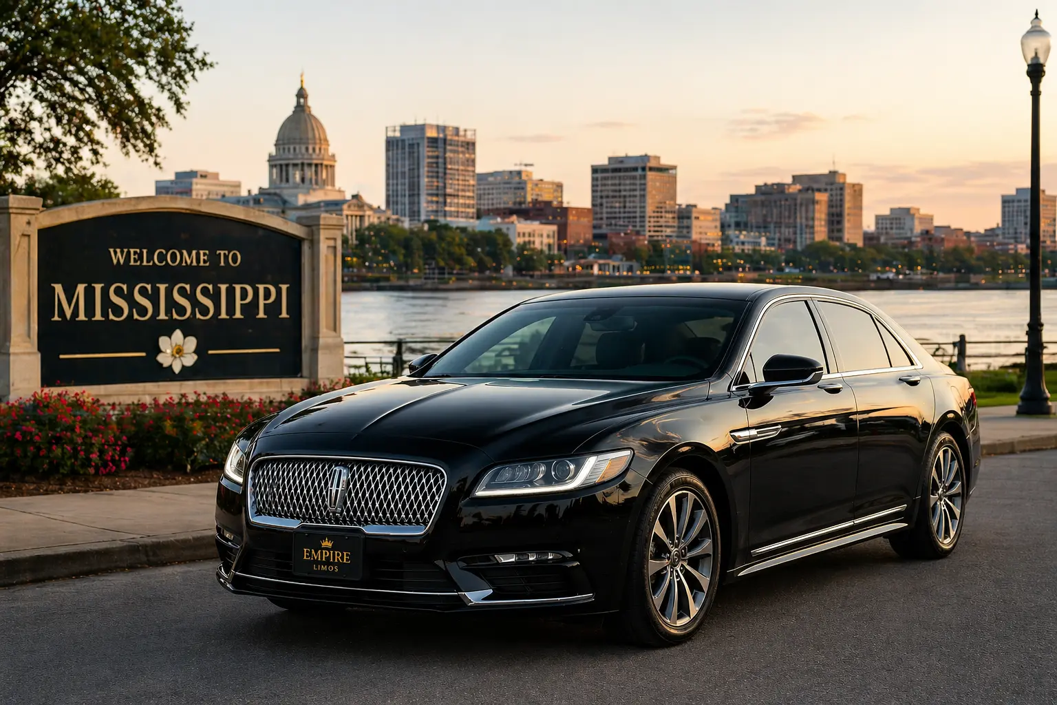 Black luxury limousine parked near the Mississippi waterfront skyline representing premium chauffeur service in Mississippi
