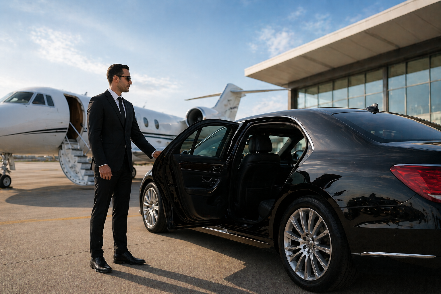 Professional chauffeur standing beside a luxury black sedan near a private jet at Miami-Opa Locka Executive Airport for executive airport limousine transportation.