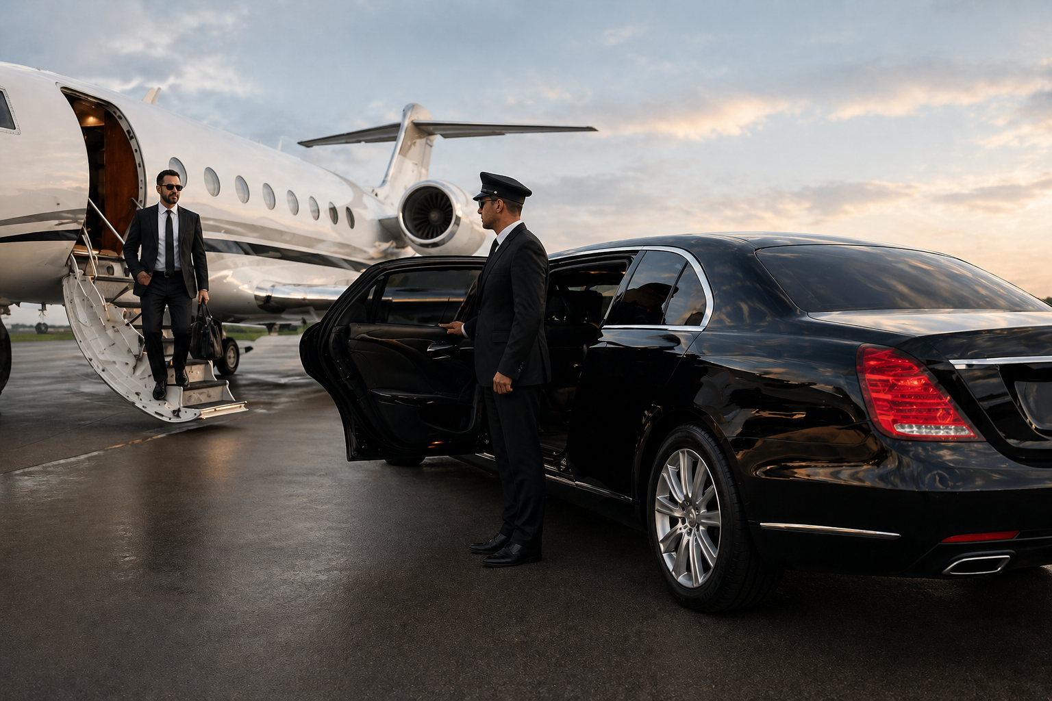 Professional chauffeur opening a black luxury limousine door for a private jet passenger on the airport tarmac