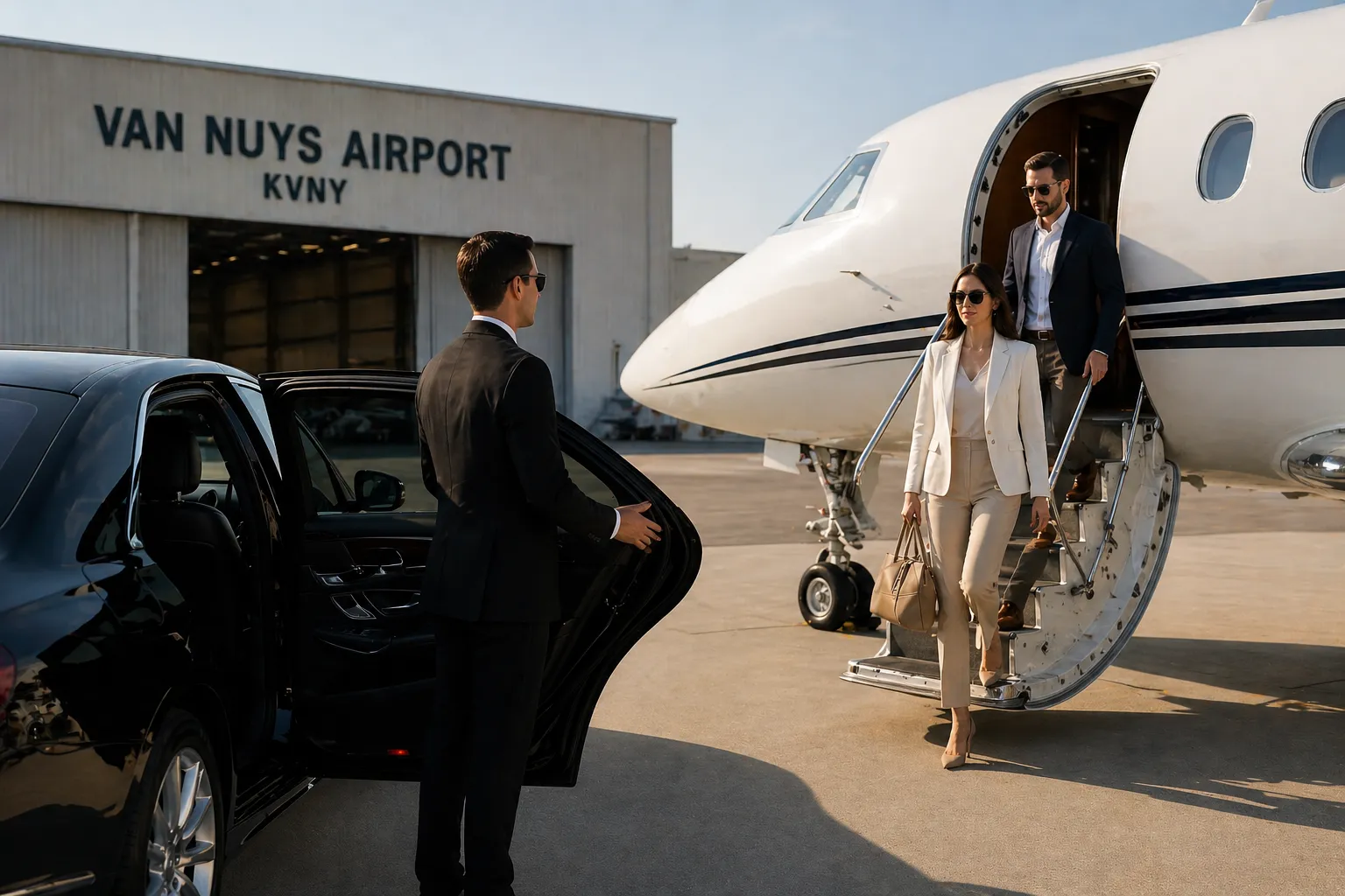 Luxury chauffeur pickup service by Empire Limos at Van Nuys Airport featuring executive black car and VIP airport transportation