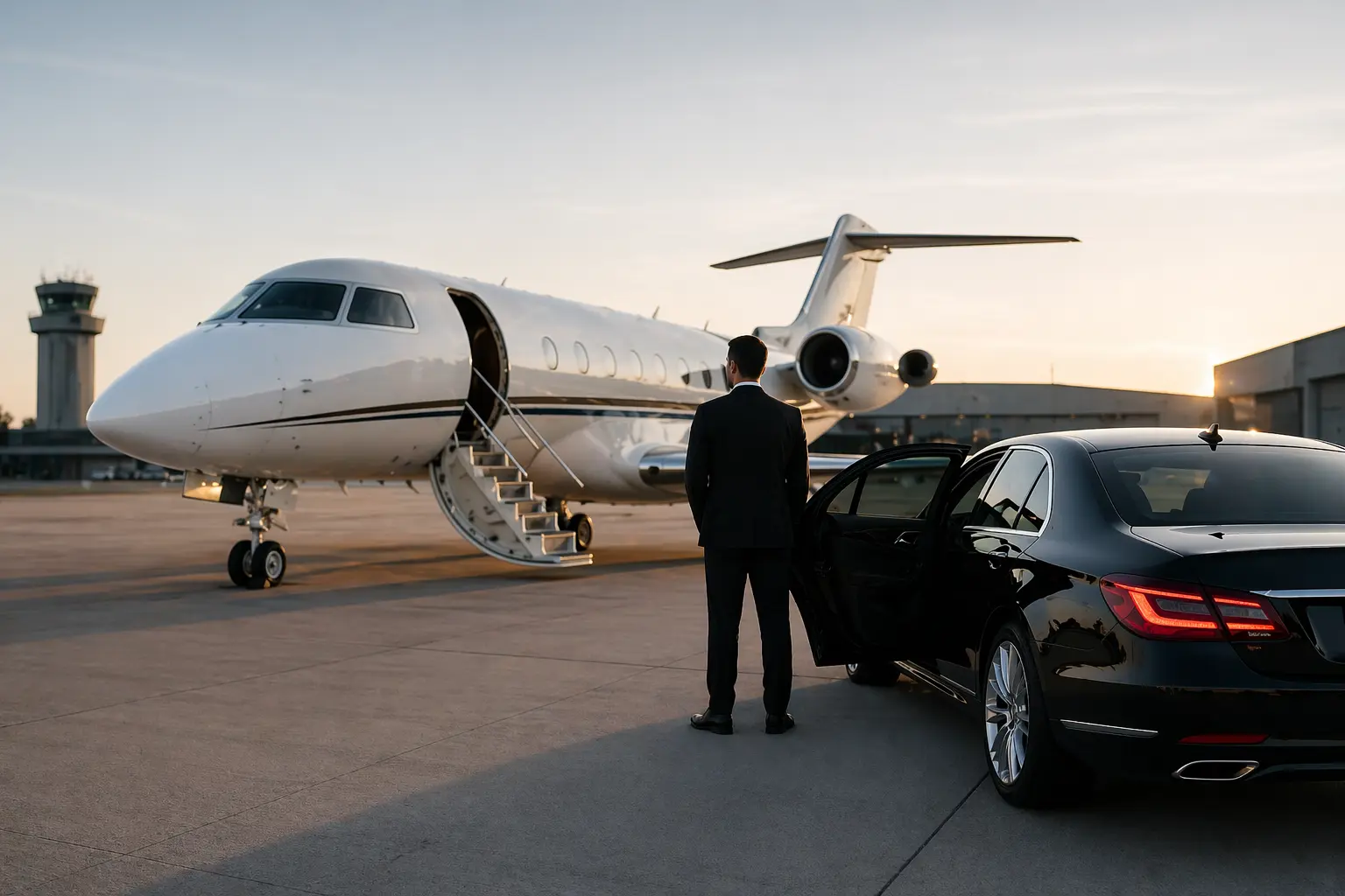 FBO ground transportation service with private jet and luxury limousine at airport