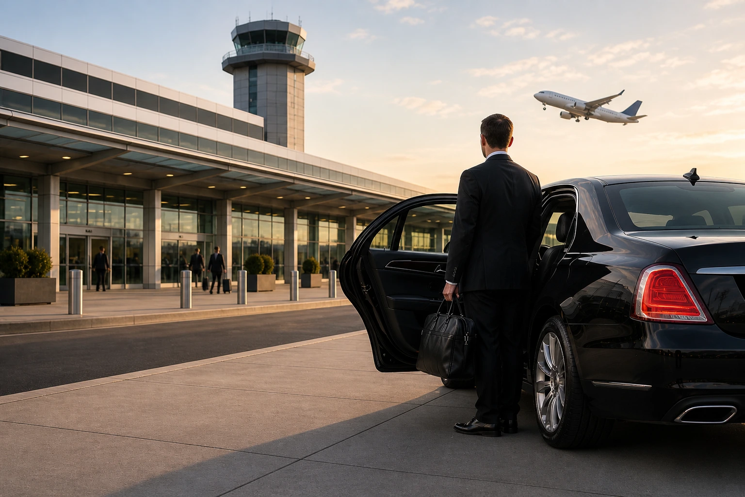Luxury black chauffeur sedan parked outside a modern airport terminal with an airplane taking off in the background during golden hour.