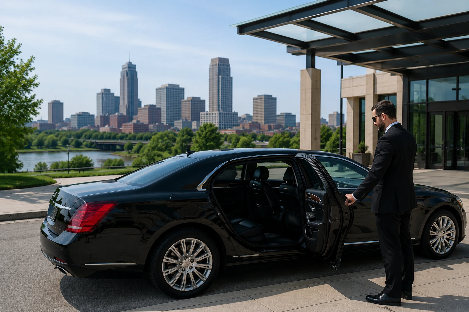 Professional Bellevue NE limo service with luxury black sedan and chauffeur outside a modern executive building near the Omaha metro area.