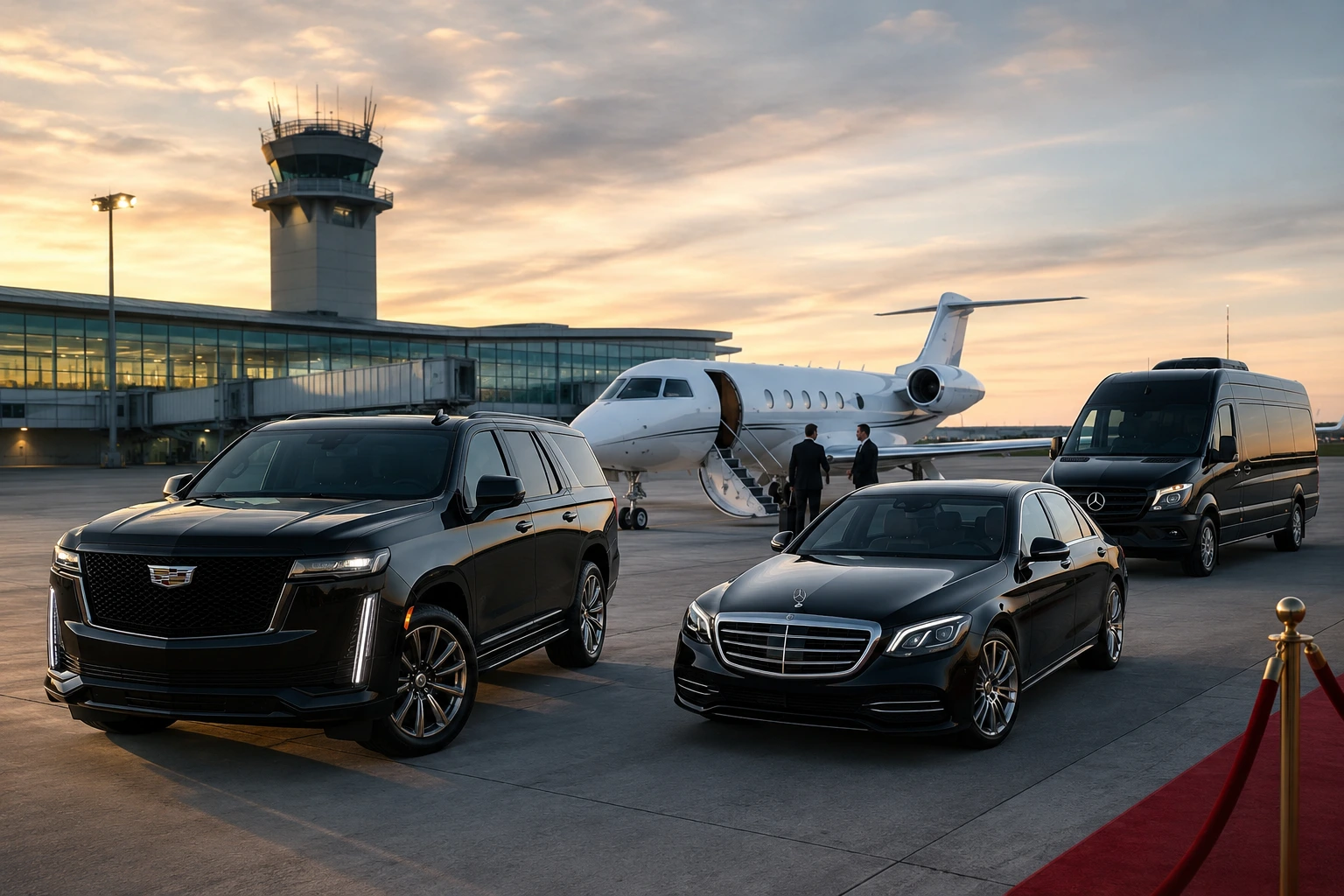 Luxury black SUV, executive sedan, and Sprinter van parked beside a private jet at Grand Forks International Airport during sunset for premium airport chauffeur transportation service.