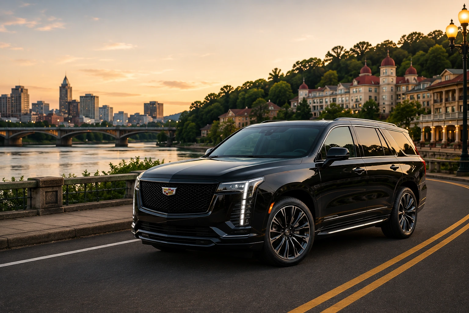 2026 black luxury SUV chauffeur vehicle parked near scenic Hot Springs Arkansas resort area during sunset with upscale private transportation atmosphere