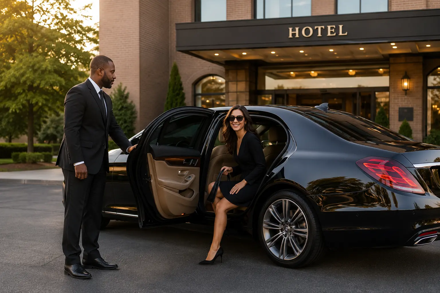 Professional chauffeur assisting a passenger from a luxury black sedan outside a premium hotel in Rock Hill South Carolina