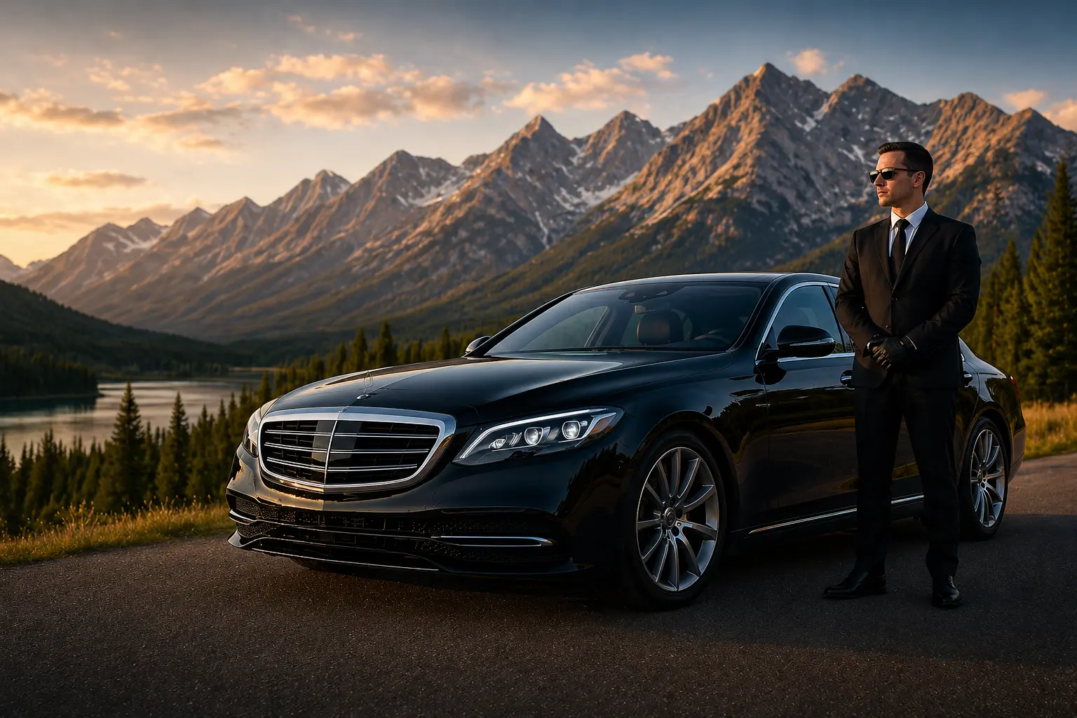 Luxury black chauffeur sedan with scenic mountain backdrop for premium limousine service in Montana
