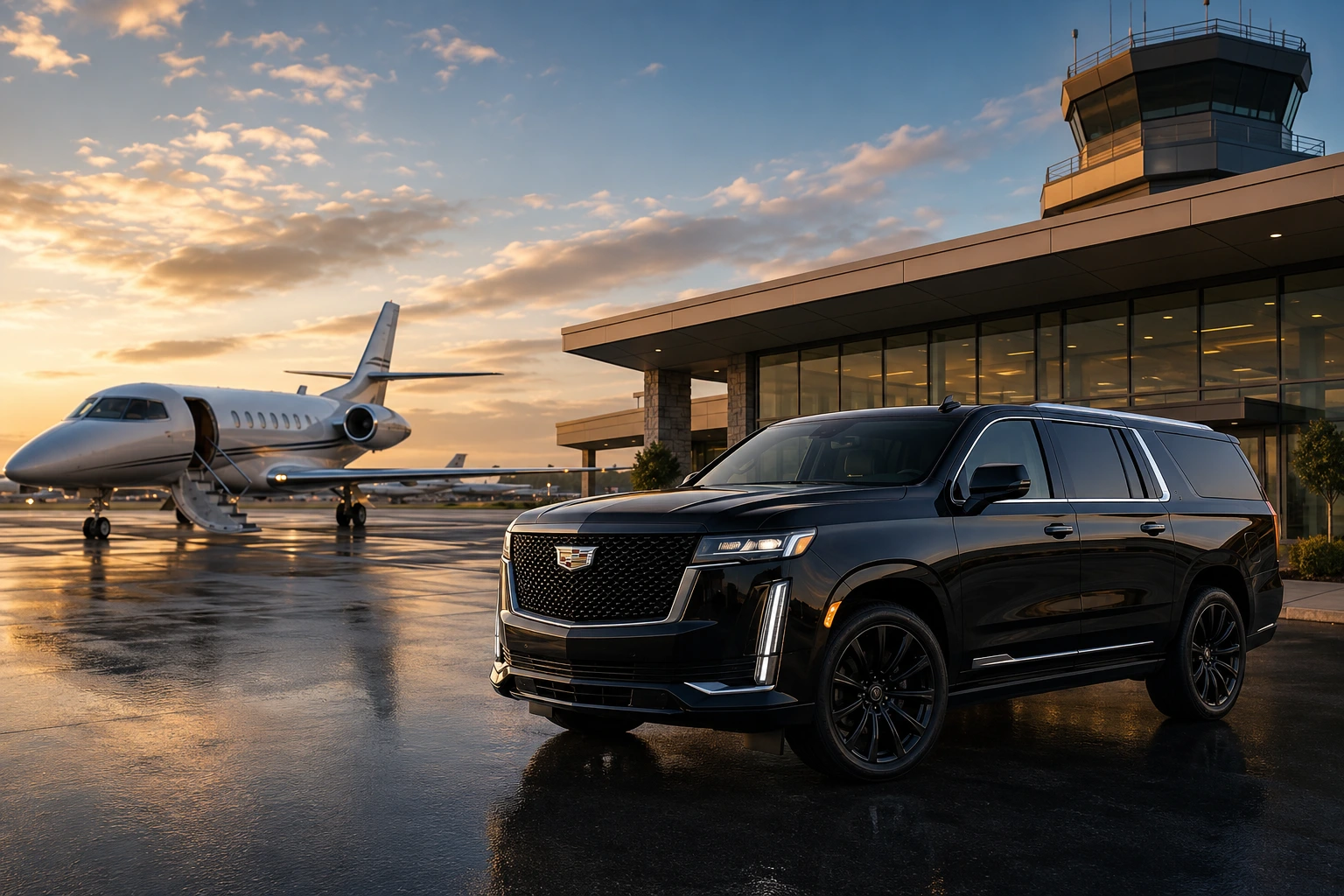 Black 2025 luxury SUV parked at New Bedford Regional Airport beside a private jet during sunset for executive airport transportation and chauffeur service.