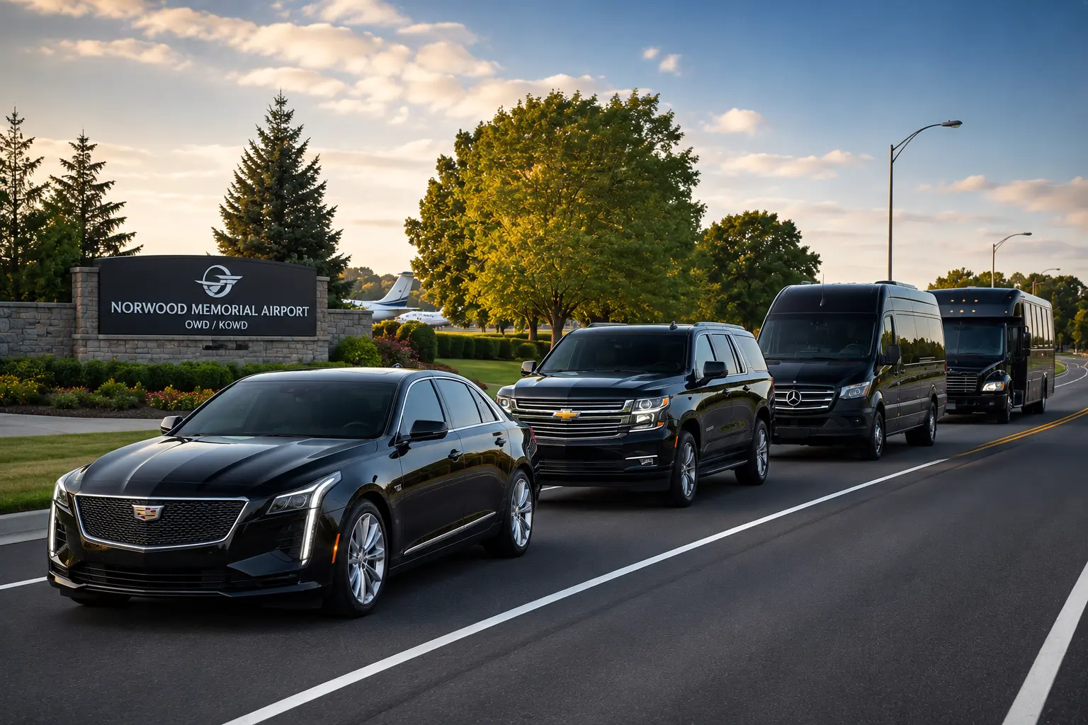 Luxury black car fleet driving on a clean road near Norwood Memorial Airport with executive sedans, SUVs, Sprinter vans, and chauffeur transportation vehicles