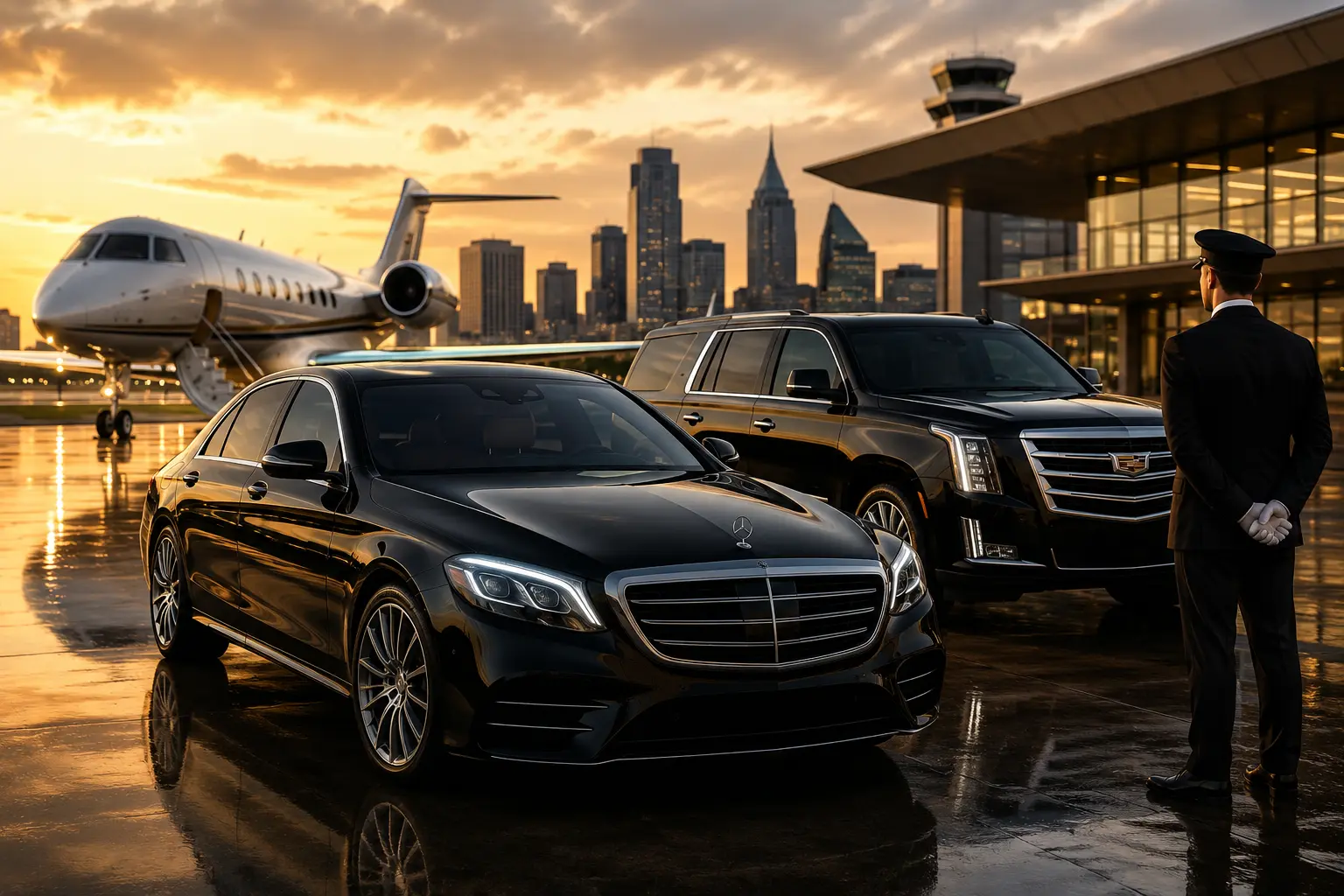 Luxury black sedan and executive SUV parked near a private jet at an airport terminal during sunset with professional chauffeur service atmosphere in Alabama