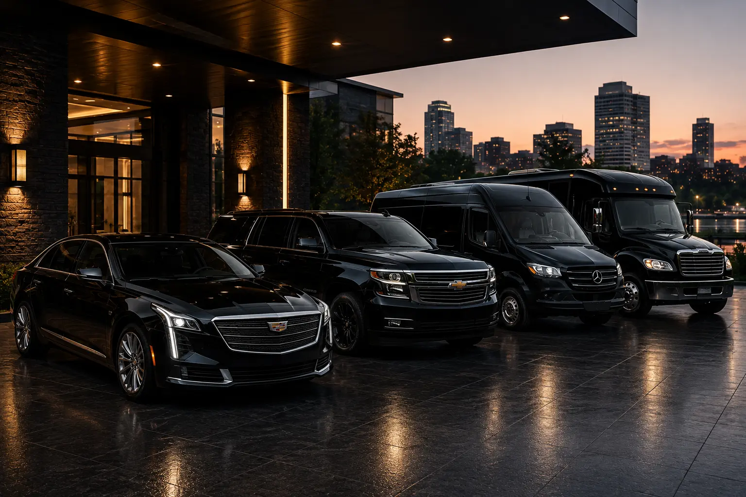 Luxury black limousine fleet with executive sedans, SUVs, and Sprinter vans outside a modern building at night in Rock Hill South Carolina