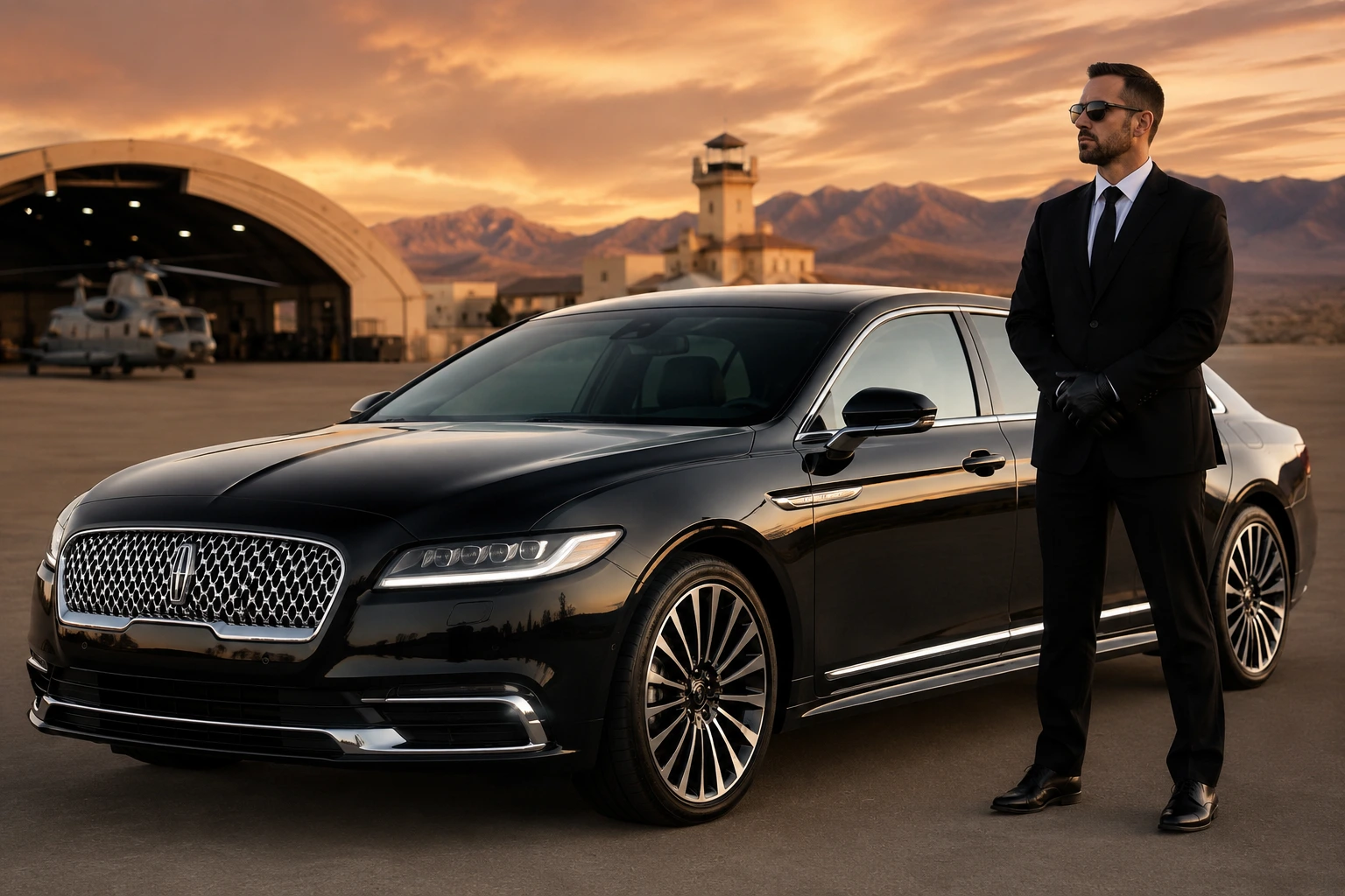 Black 2026 luxury chauffeur sedan at a Southern Arizona airport near Fort Huachuca with executive chauffeur and mountain backdrop during sunset.