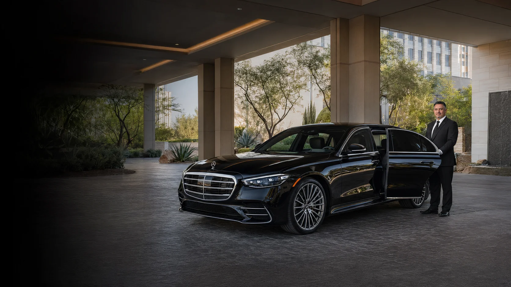Empire Limos International professional chauffeur service with a black luxury sedan