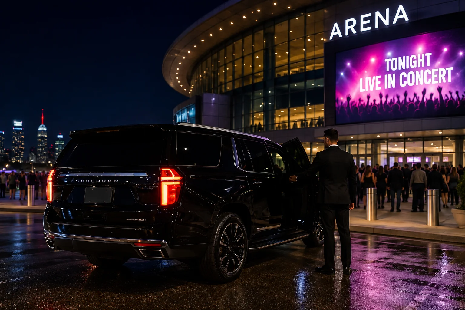 Black chauffeur vehicle arriving near a concert and event venue