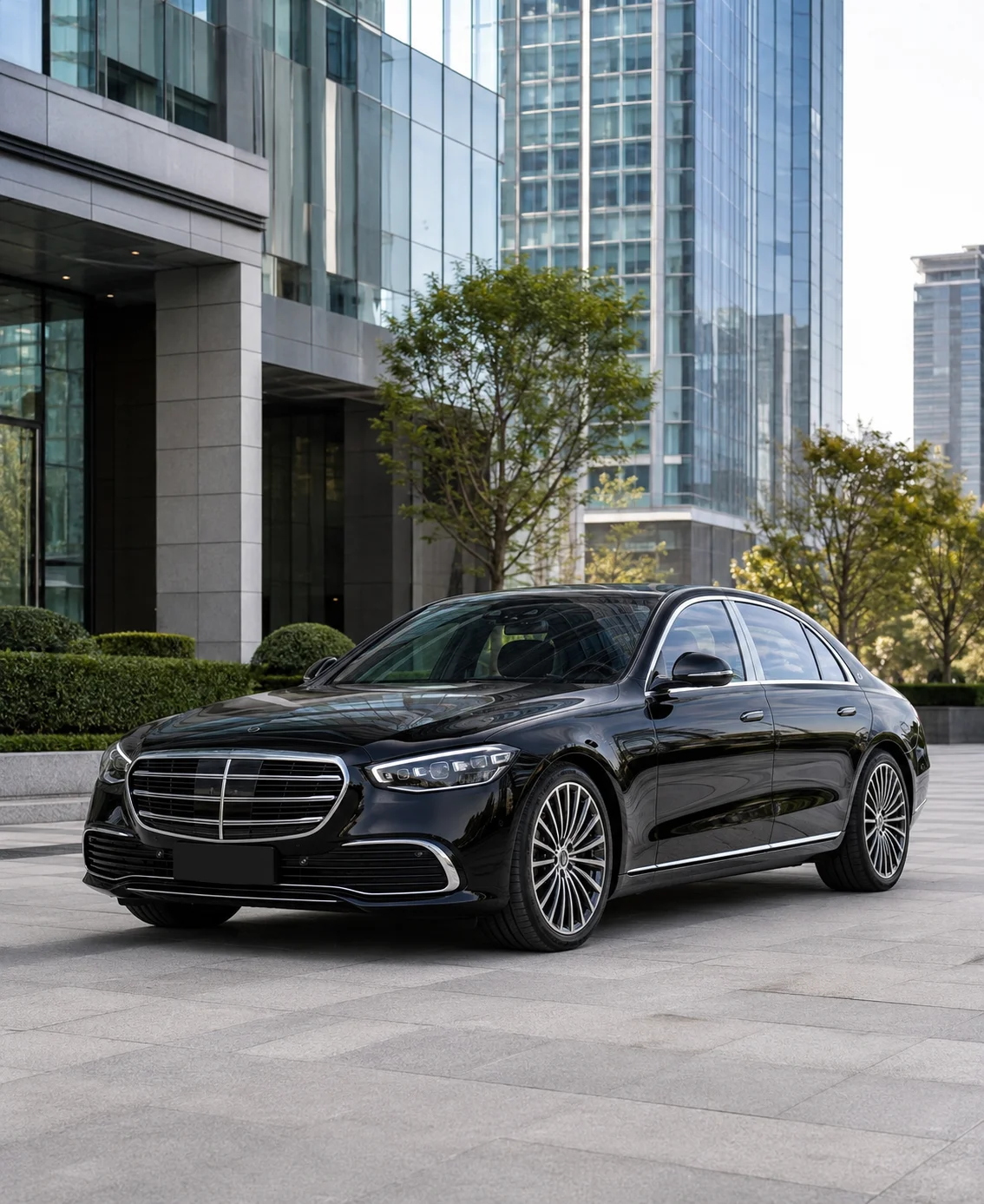 Corporate roadshow transportation with a black executive sedan outside a business district