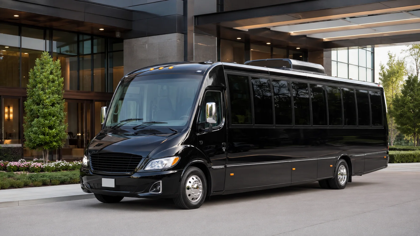 Black 2026 mini coach prepared for chauffeured group transportation