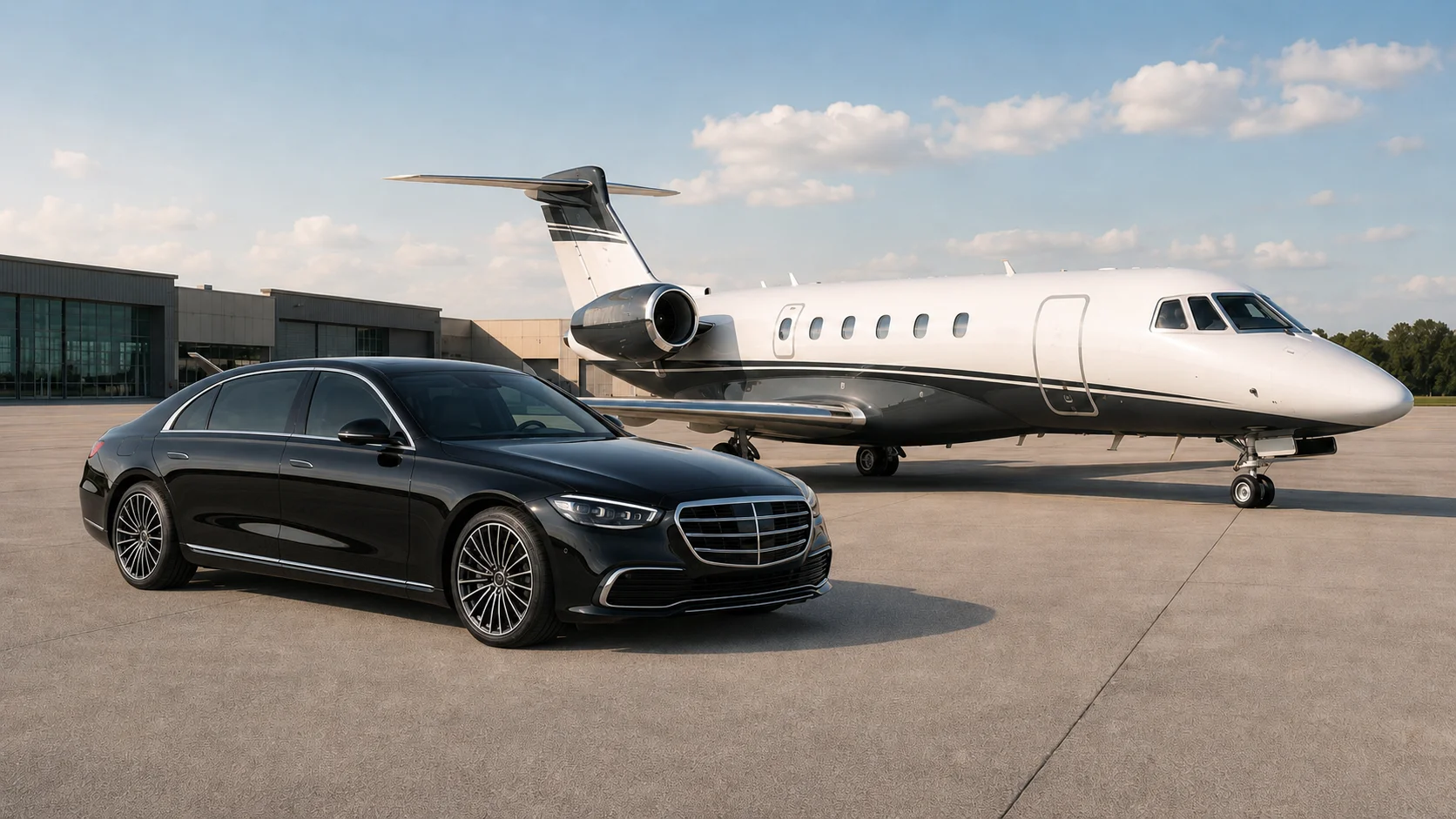 FBO ground transportation with a black luxury sedan beside a private jet