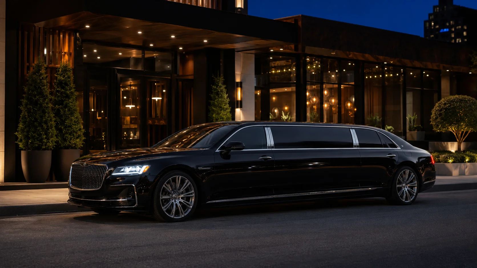 Black 2026 stretch limousine arriving for an evening celebration