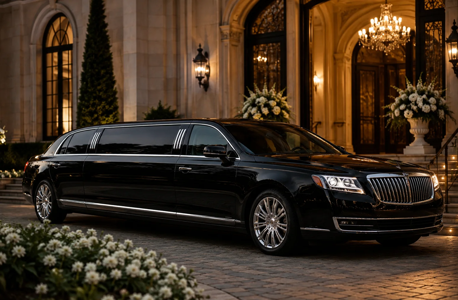Wedding limousine parked outside an elegant wedding venue