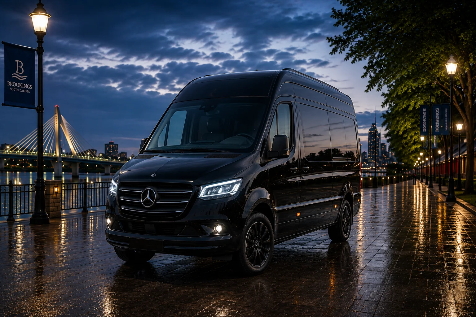 Luxury black sedan in Brookings style city setting