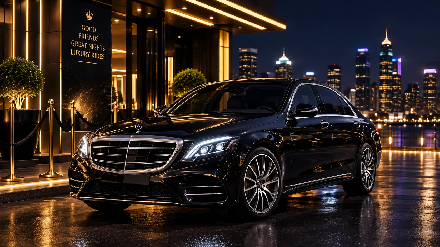 Luxury black executive vehicle outside a modern business building