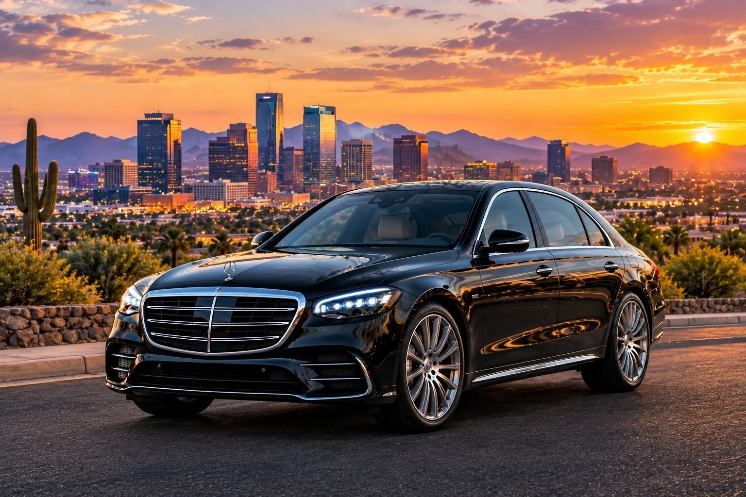 Luxury vehicle on an Arizona highway representing private Phoenix to Yuma transportation