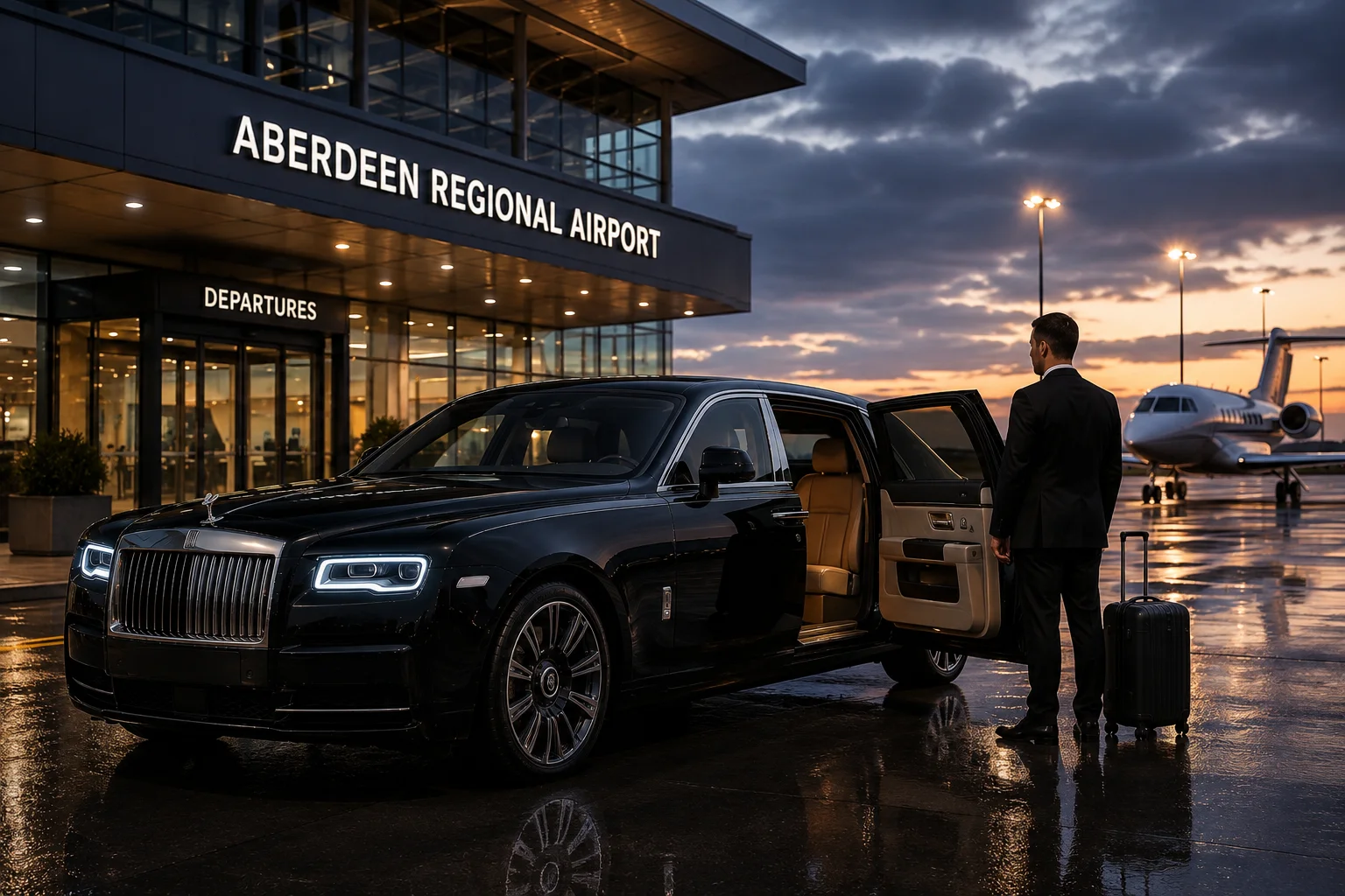 Luxury black vehicle prepared for chauffeur transportation to Aberdeen Regional Airport