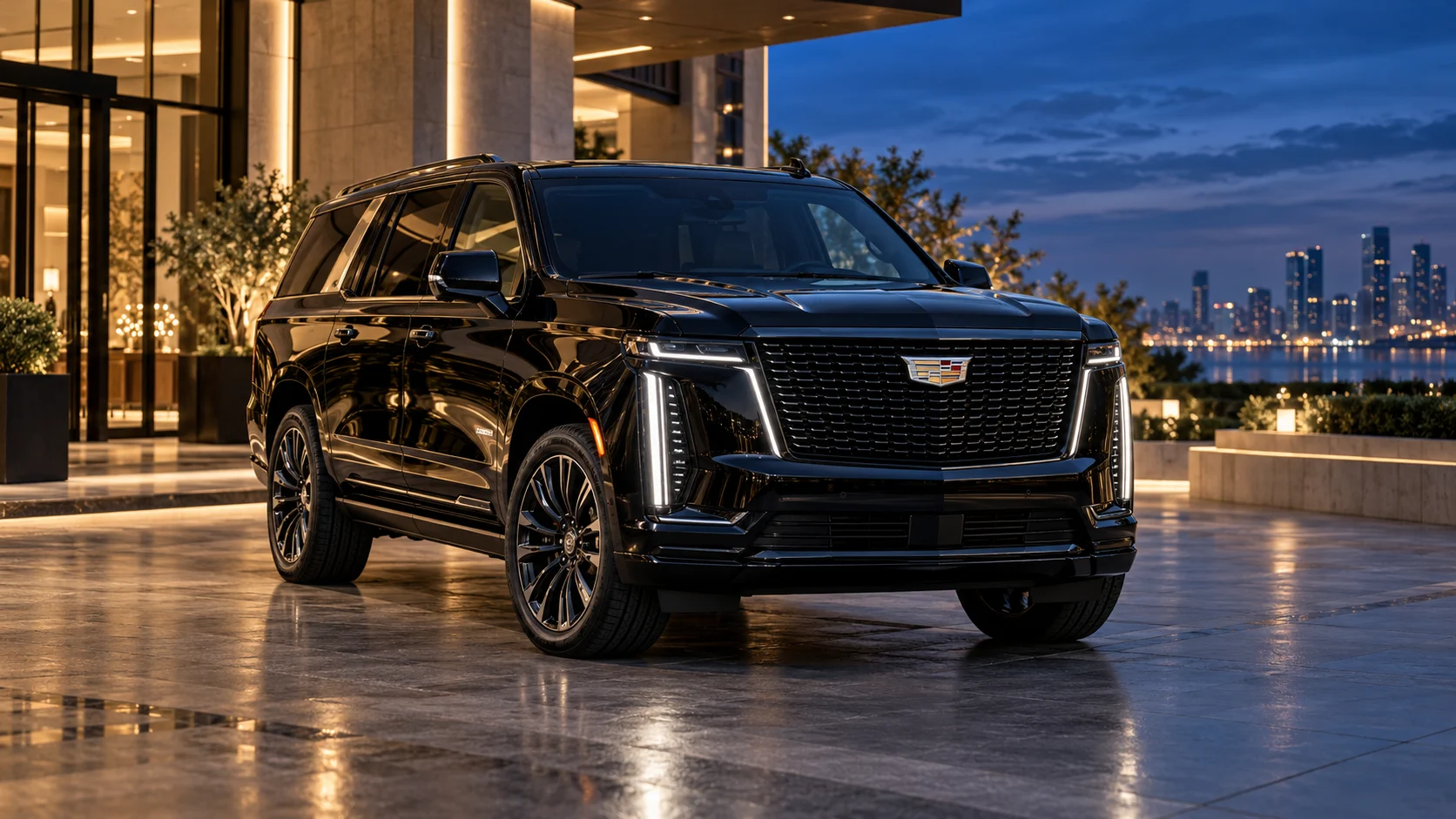 Black Cadillac Escalade at blue hour for private Phoenix Sky Harbor airport transportation